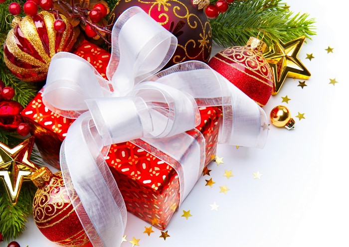 Christmas Gift with Ornaments and Pine Needles