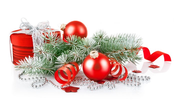 Christmas Decorations: Red Gift, Ornaments, and Pine Branches