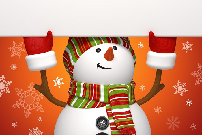 Snowman holding a blank sign with snowflakes