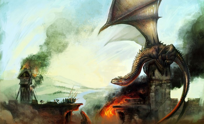 Dragon attacking a burning tower with soldiers