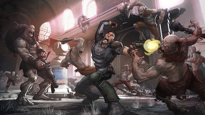 Man fighting zombies in a ruined building