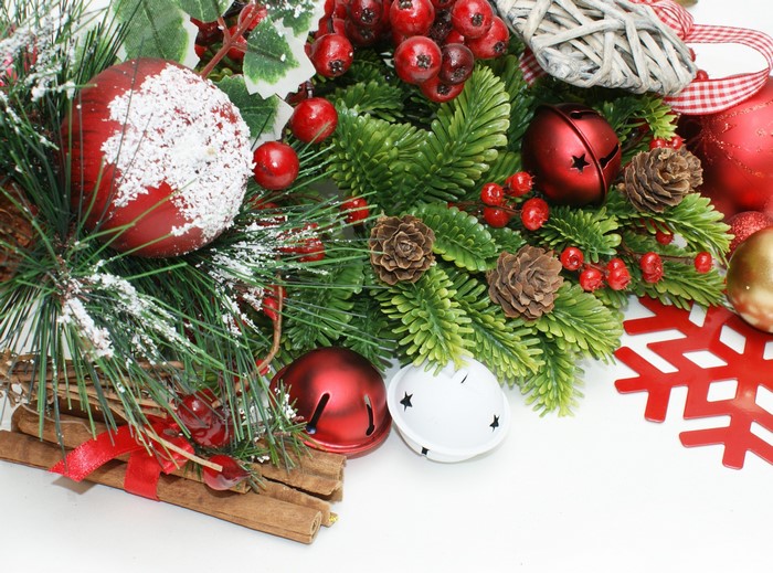Christmas Wreath with Ornaments and Cinnamon Sticks