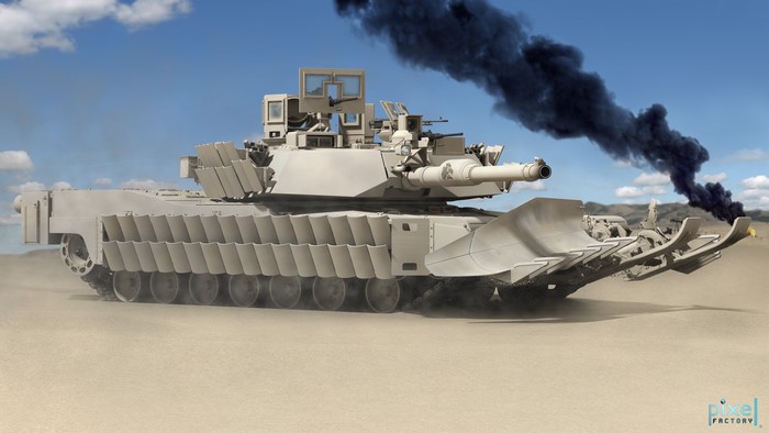 M1 Abrams tank with mine plow in desert