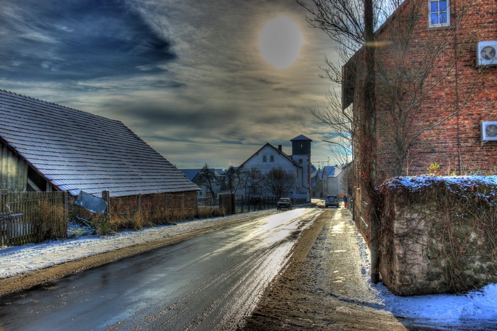 Street in a German Village with Snow