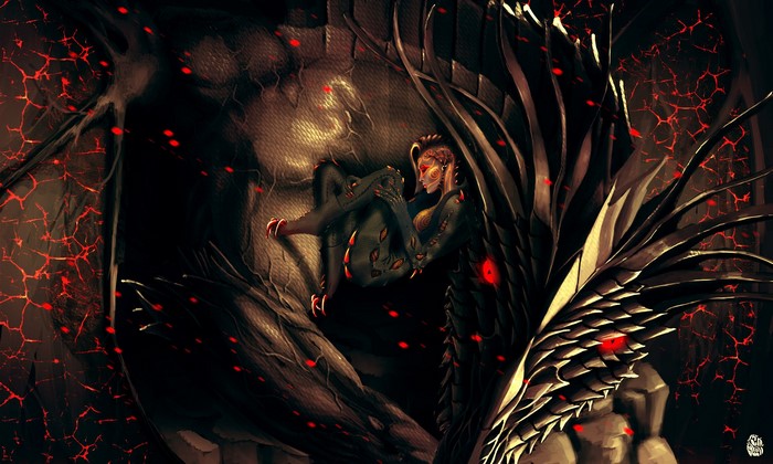 A reptilian humanoid with red eyes sits in a dark, rocky environment.