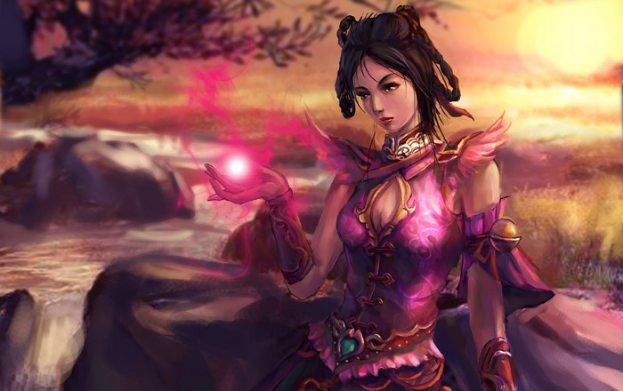 Woman casting pink magic in a fantasy landscape