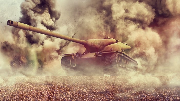 T57 Heavy tank in World of Tanks amidst smoke and debris