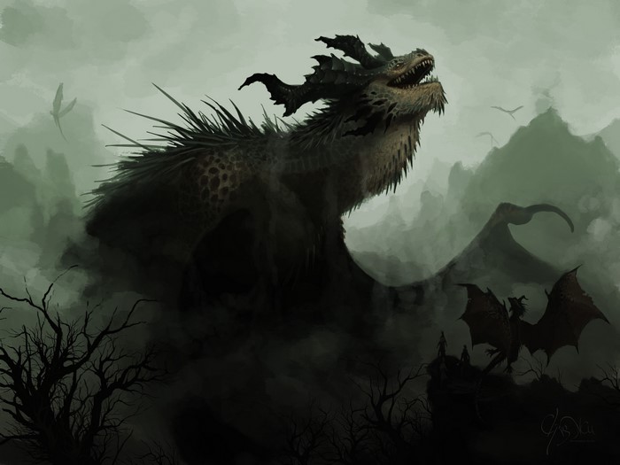 Dragons in a misty landscape