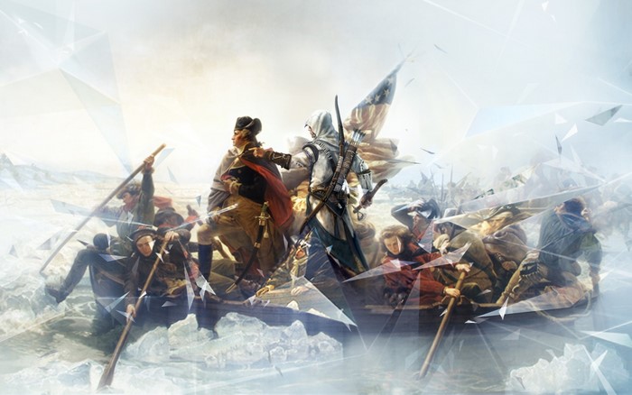 Connor Kenway and George Washington crossing the Delaware