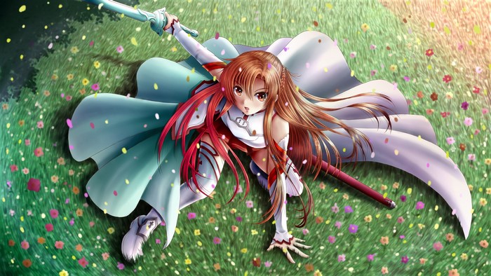 Asuna from Sword Art Online in a field of flowers