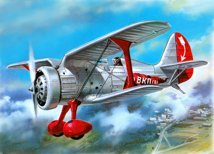 Retro Biplane in Flight Over City