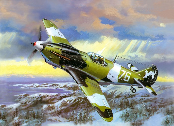 Painting of a camouflage airplane in flight
