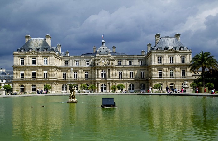 Luxembourg Palace and pond in Paris, France