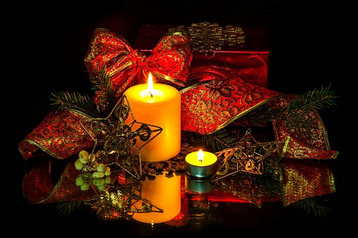 Christmas Candles with Red Ribbon and Gift