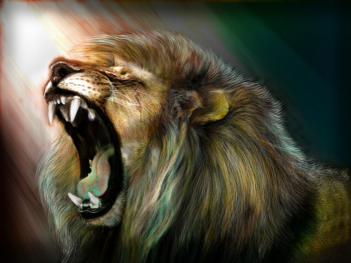 Lion roaring with colorful mane and light rays