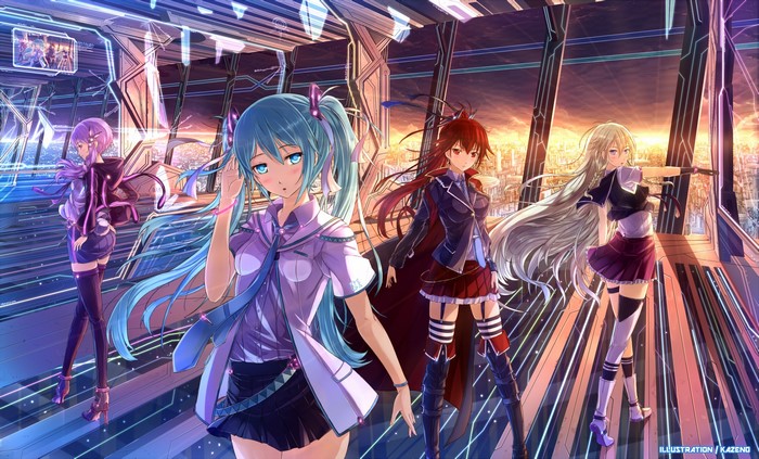 Four Vocaloid characters in a futuristic city