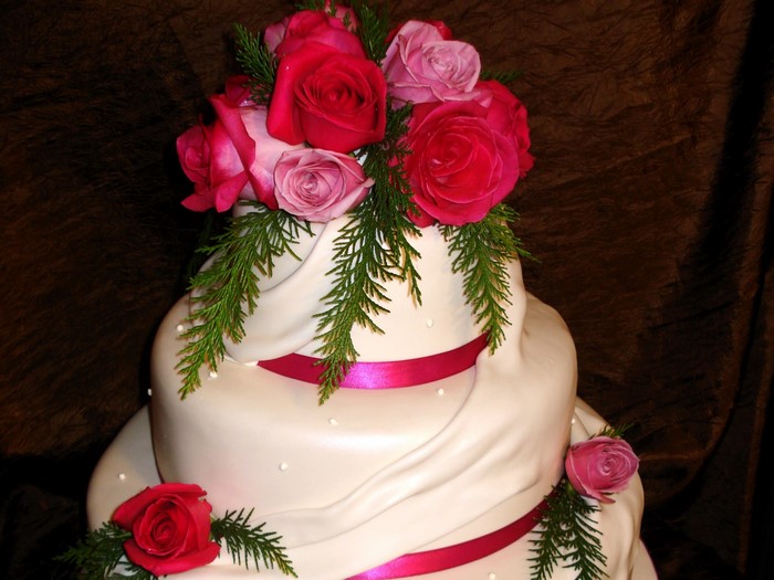 White tiered cake with pink roses and greenery