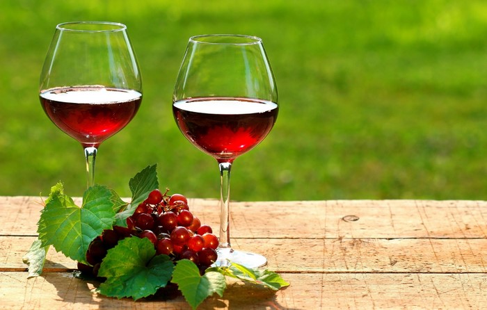 Two glasses of red wine with grapes