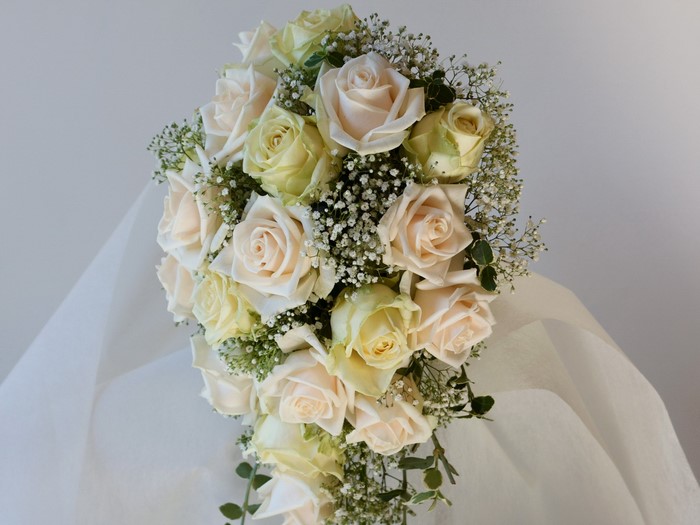 Cascading bouquet of cream and yellow roses with baby's breath