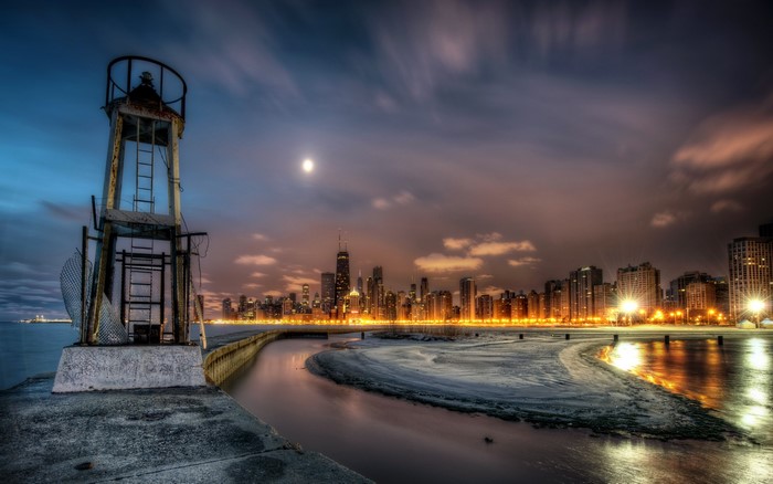 Chicago City Skyline at Night with Lighthouse
