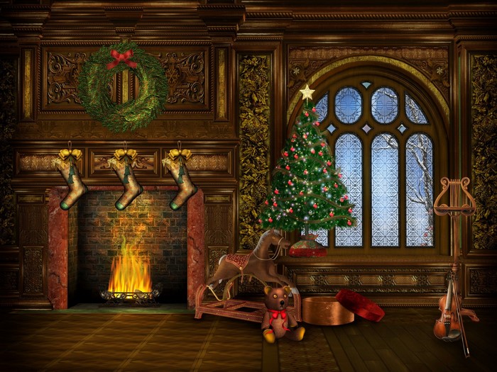 Christmas scene with fireplace, tree, and gifts