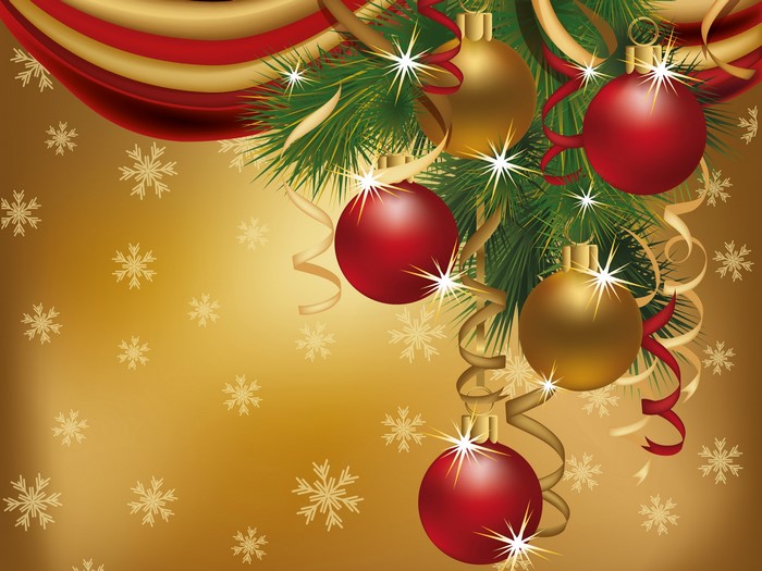 Christmas ornaments and pine branches on a golden background