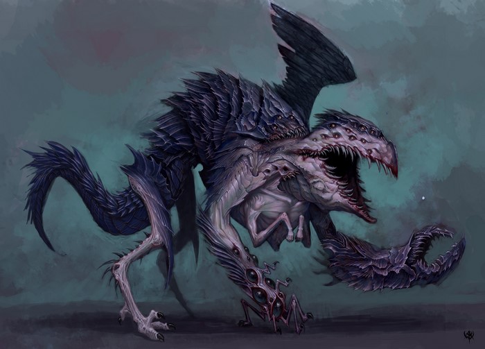 A grotesque, multi-eyed monster with wings and claws