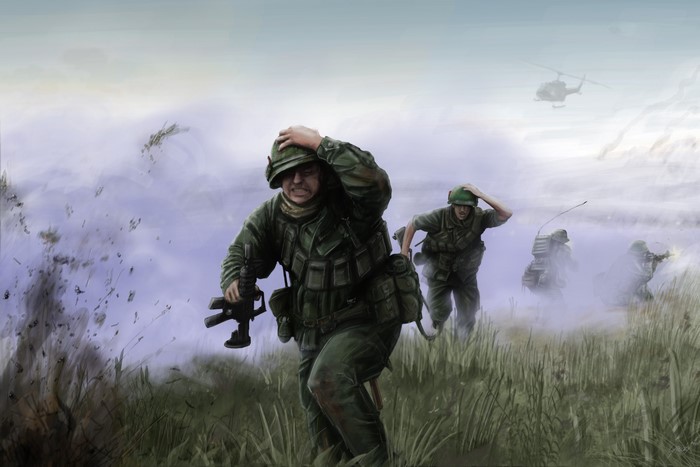 Soldiers advancing through smoke with helicopter overhead