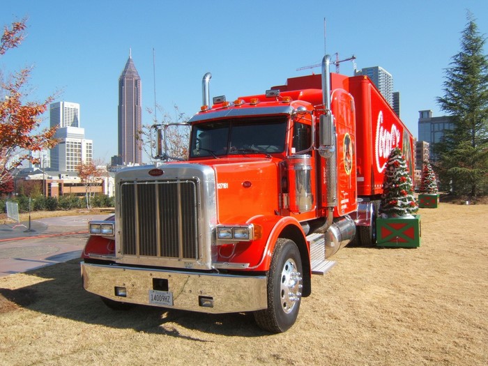 Coca-Cola Peterbilt Truck with Christmas Trees in City