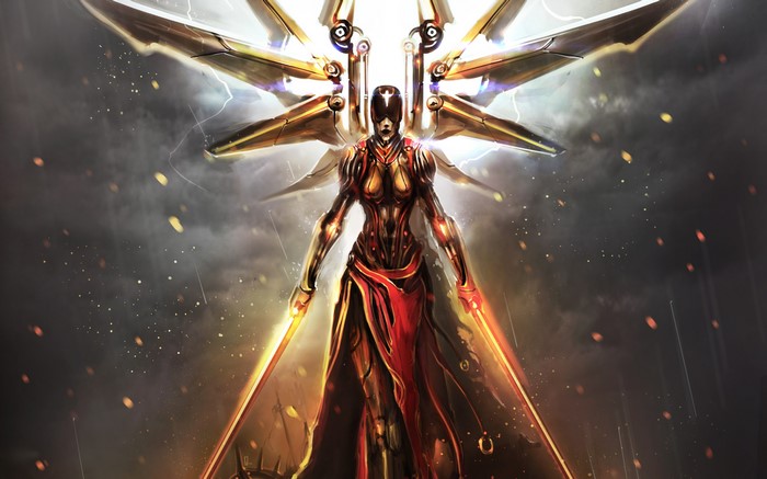 Steampunk warrior with golden wings and swords
