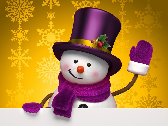 Snowman with purple hat and scarf on yellow background
