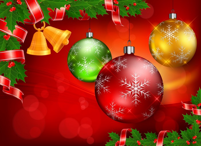 Christmas Ornaments and Bells with Holly and Ribbons