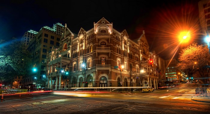 Night street view of historic building in Austin, Texas