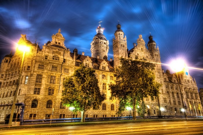 New City Hall building in Leipzig at night