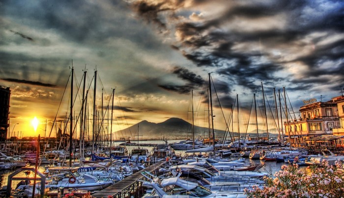 Marina with Mount Vesuvius at Sunset, Italy
