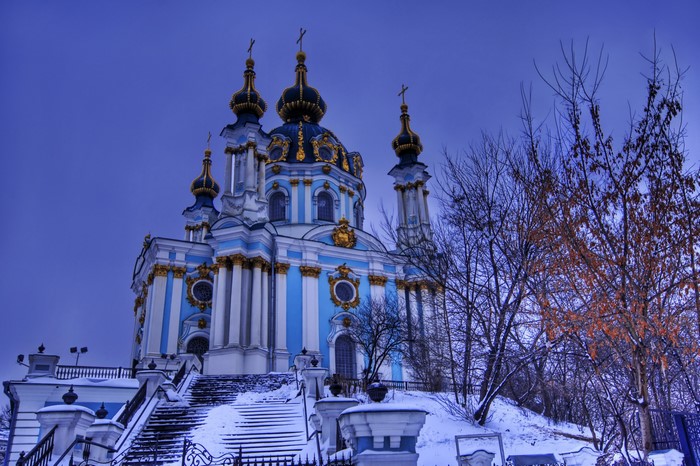 St. Andrew's Church in Kyiv, Ukraine during winter