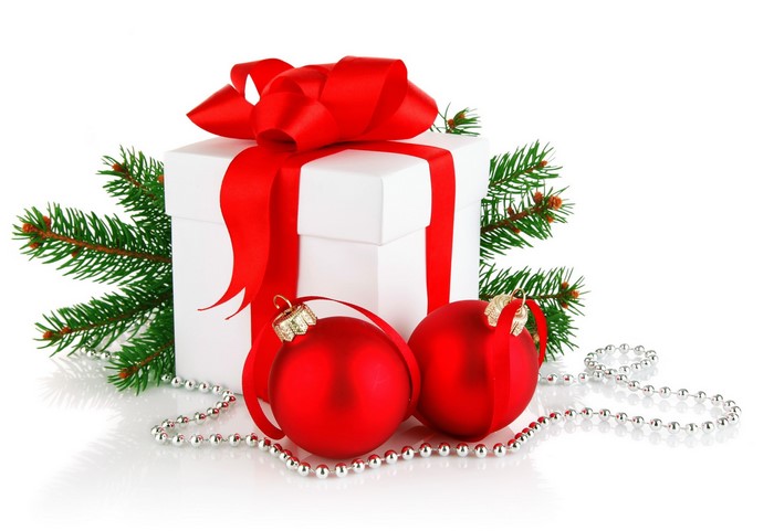 Christmas gift with red ornaments and pine branches