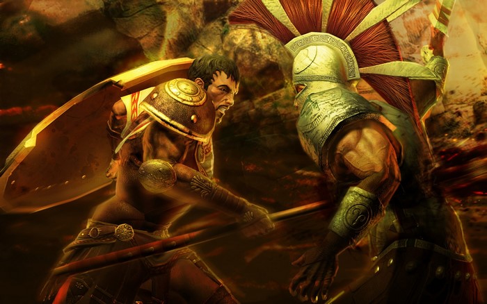 Two warriors fighting with shields and spears