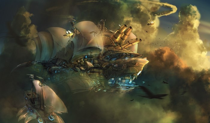 Steampunk airships flying through clouds