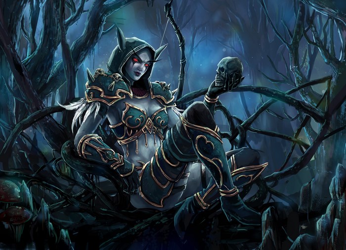 Sylvanas Windrunner from World of WarCraft holding a skull