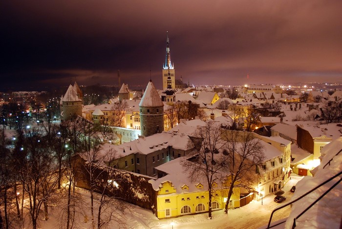 Tallinn Old Town in winter at night