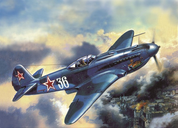 Soviet fighter plane flying over a burning city
