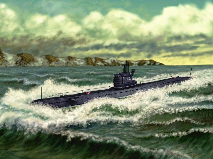 Painting of a submarine at sea