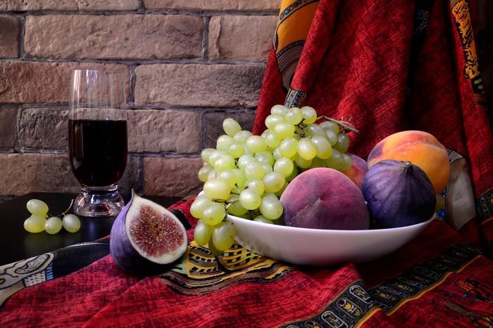 Still life with fruit and wine