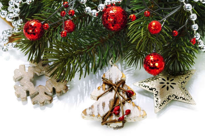 Christmas ornaments on pine branches with beads