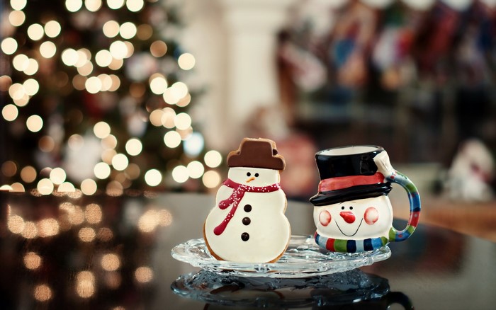 Christmas Snowman Cookie and Mug with Tree Lights