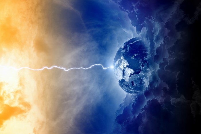 Earth struck by lightning between day and night clouds