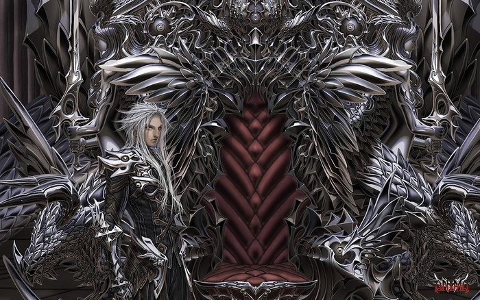 Young man in ornate armor by a throne