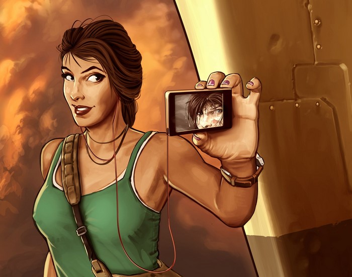 Lara Croft from Tomb Raider taking a selfie
