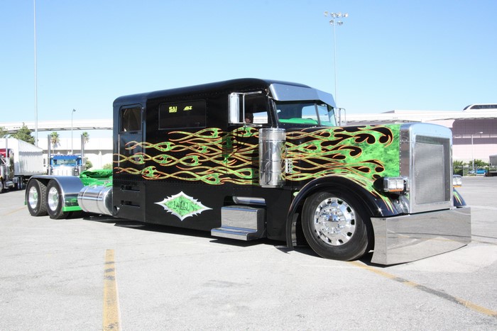 Custom Peterbilt 379 truck with flame graphics